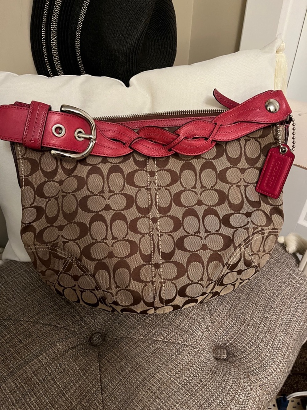 Coach Brown Signature Canvas Shoulder Bag with Pink Leather Strap